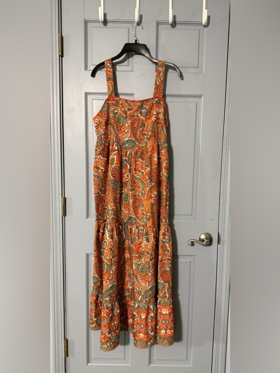 Band Of The Free Dresses & Skirts - Boho Paisley Midi Dress Orange Green Square Neck Tiered Festival Sundress